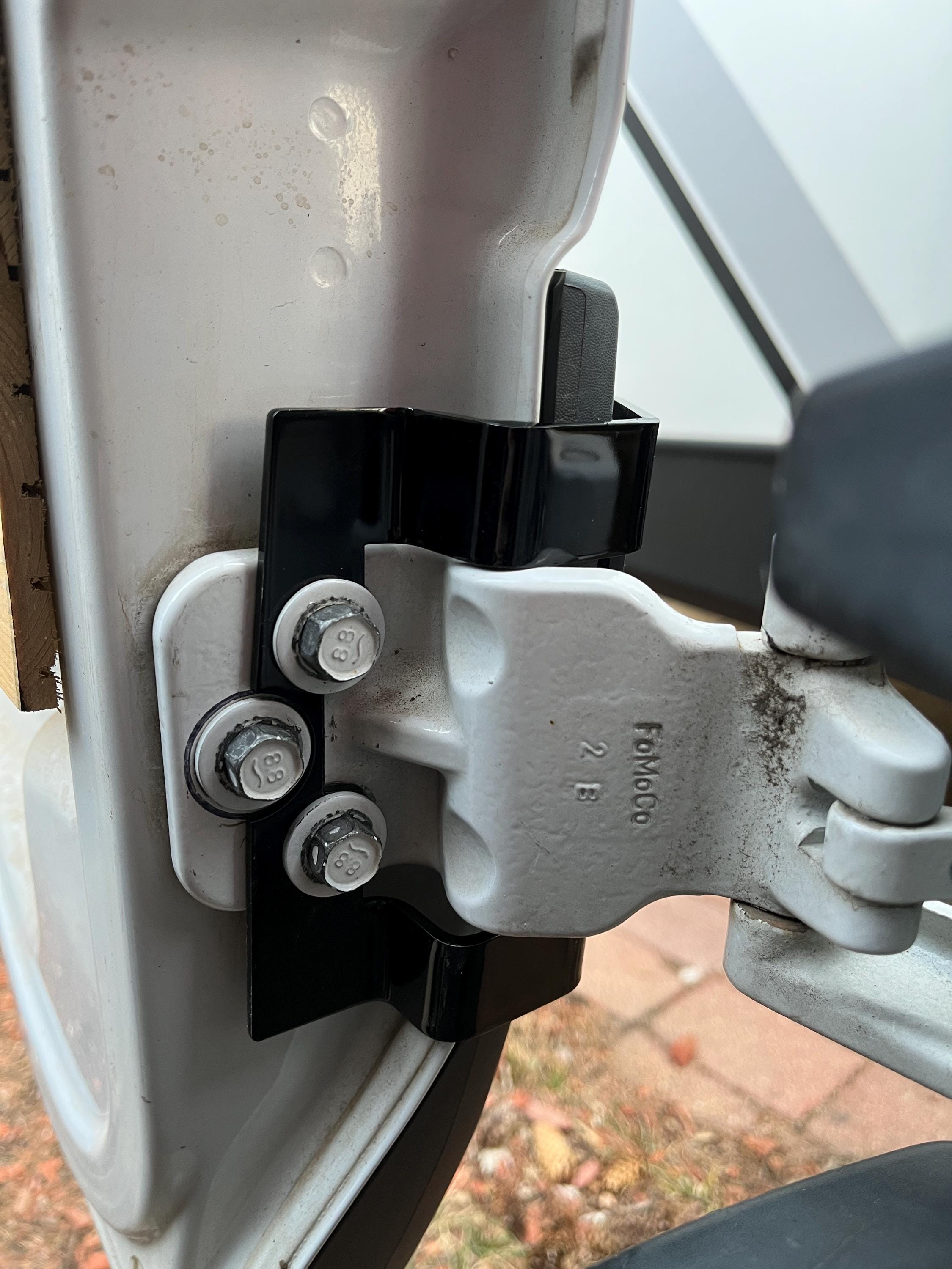 Ford Transit driver's side rear door mounts for 253 degree hinges (aka 270), DIY extra storage